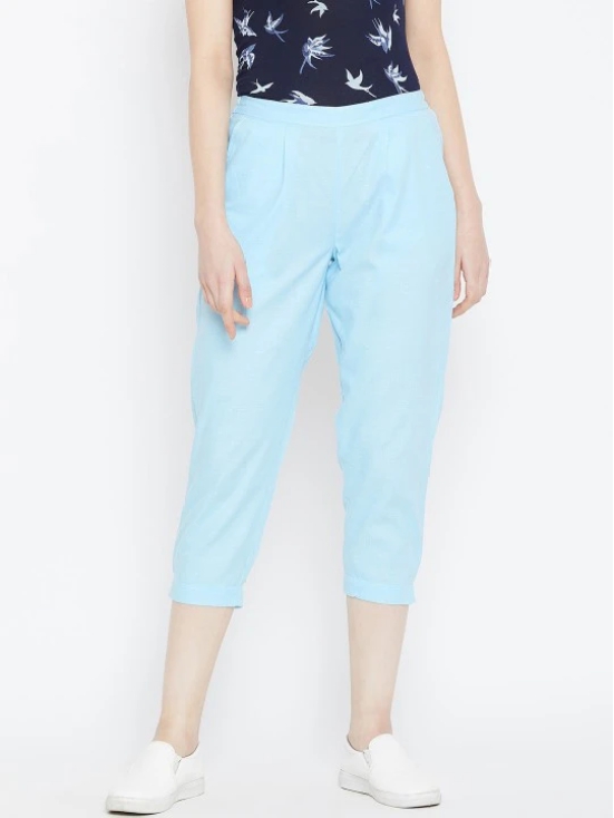 Women Blue Textured Relaxed Pleated Trousers