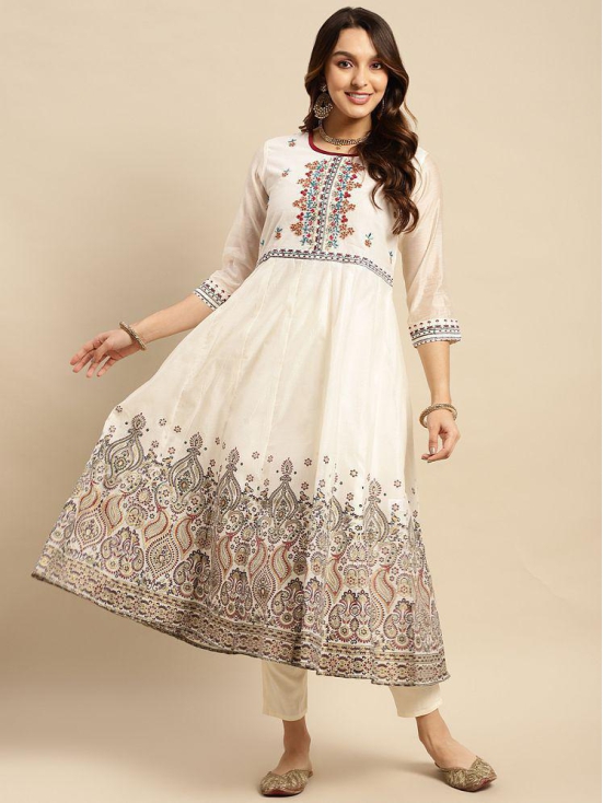 Rangita Women Chanderi Off White Yoke Embroidered Calf Length Anarkali Kurti - None