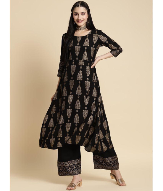 Rangita Women Rayon Black Gold Printed Calf Length A-Line Kurta With Palazzo Set - None