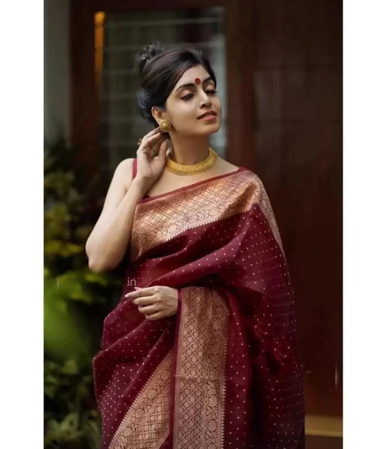 Gazal Fashions Banarasi Silk Embellished Saree With Blouse Piece - Maroon ( Pack of 1 ) - Maroon