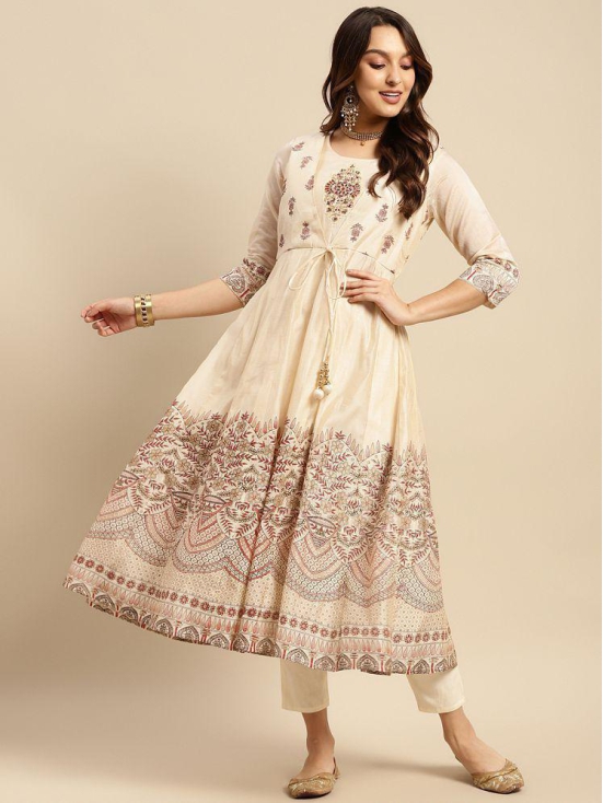 Rangita Women Chanderi Beige Yoke Embroidered Border Printed Calf Length Anarkali Kurti - None