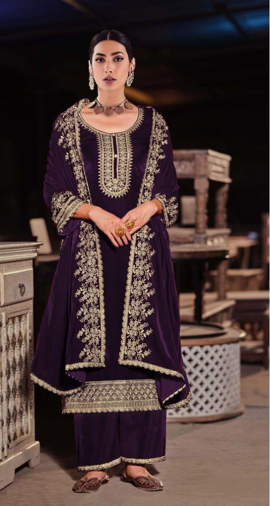 Lorenvelley Fashion Purple Velvet Salwar Suit Material Embroidered