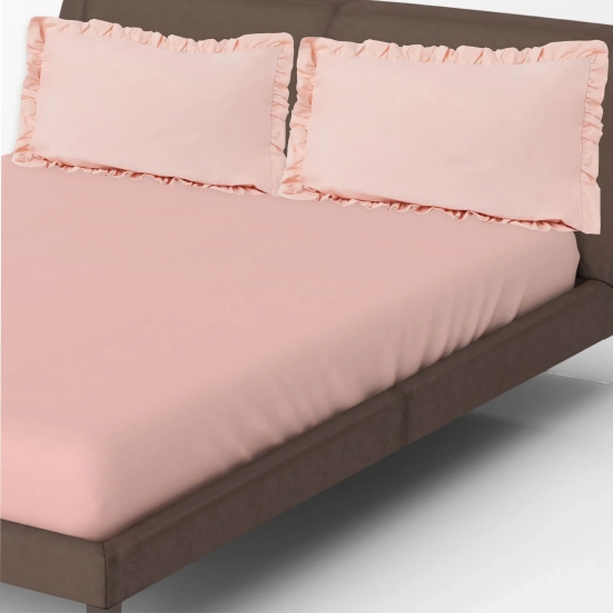 Solid Colour 100% Cotton, 270 TC Queen Bedsheet with 2 Frill Pillow Covers Peach