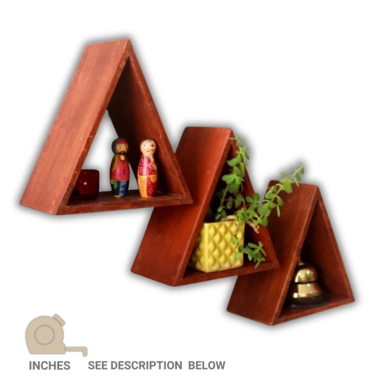 Barish Home DECORS - Triangular Wal Shelf (Set of 3) | Wooden Wall Mount Shelves for Home Decor | Home Decor Piece | Handcrafted with Rubberwood | 24 x 24 x 12 (H x W x D)