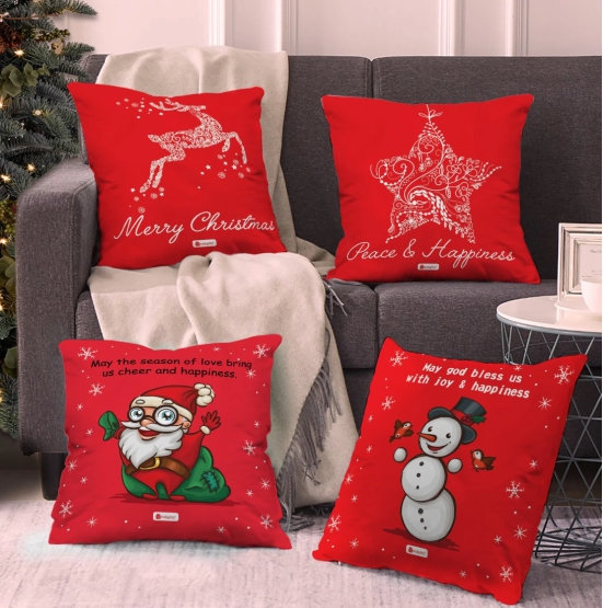 Indigifts Christmas Decorations for House Christmas Themed Holiday Dcor Red Set of 4 Cushion Cover 18x18 inches - Christmas Cushion, Xmas Decorations, Christmas Gifts, Christmas Pillow