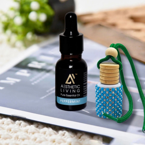 Aesthetic Living Car Aromatizer Diffuser Bottle with Essential Oil (Studded Bottle -12 ml) + Peppermint Essential Oil, 15 ml)