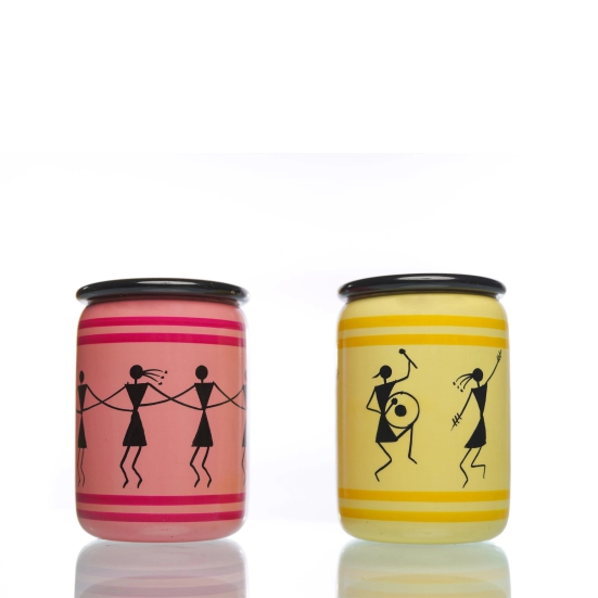 Channapatna Wooden Utility Jar - Small (Pink & Yellow) | Set of 2-