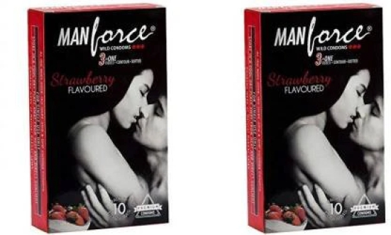 MANFORCE 3 in 1 Wild Ribbed Contour Dotted Strawberry Flavor Condoms - 10 Pieces x Pack of 2 Condom (Set of 2 20 Sheets)