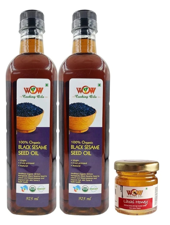 WOW Cooking Oils Certified Organic Virgin Cold Pressed Black Sesame Seed Cooking Oil 925 ml x 2 Combo ( 1850 ml ) with Free Raw Forest Honey