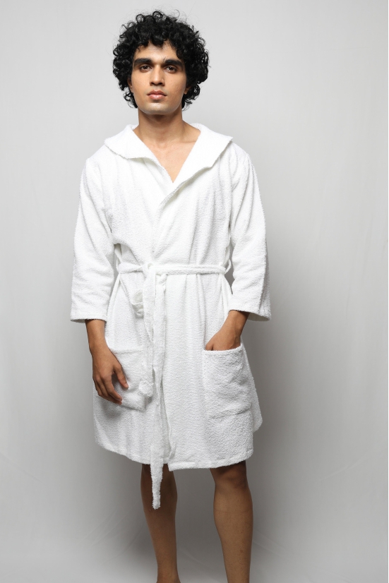 Towel material bathrobe - knee length-White / XXL