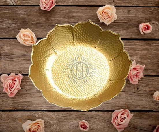 Decorative Urli Bowl Lotus Design Border for Flowers and Tea Light Candles - Gold (Small)