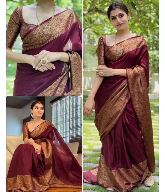 Gazal Fashions Banarasi Silk Embellished Saree With Blouse Piece - Maroon ( Pack of 1 ) - Maroon