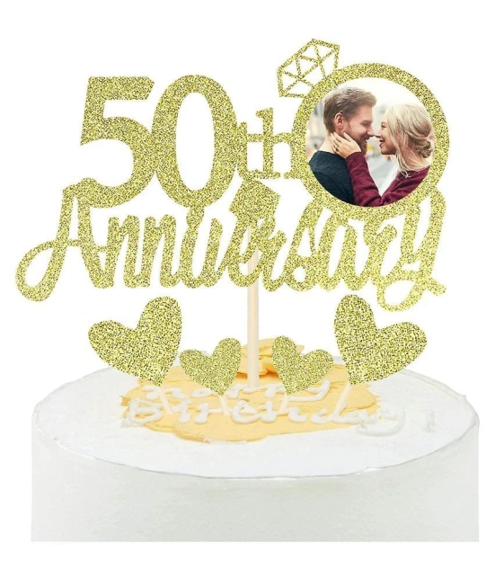 50th Anniversary Cake Topper with Diamond Ring Heart Cake Decorations Set for 50th Wedding Graduation Retirement Company Celebration Party - Pack of 5