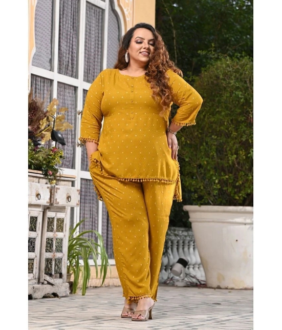 PrettyPlus by Desinoor.com Mustard Self Design Pant Top Set - None