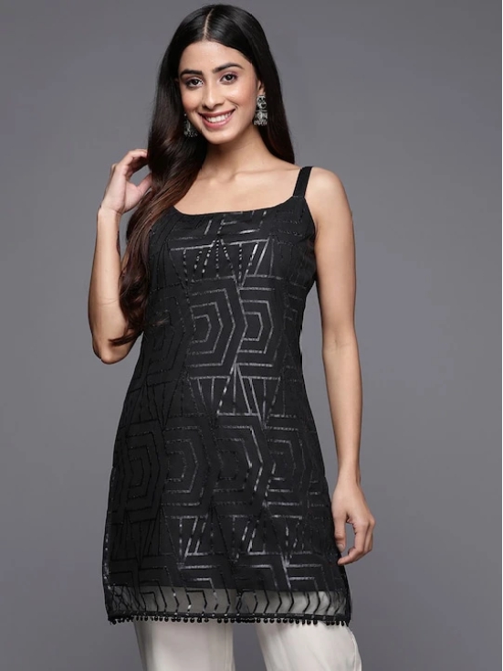 Square Neck Printed Embellished Crepe Tunic