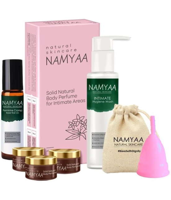 Namyaa Period Care Kit- Feminine Cramp Roll on, Intimate wash, Solid Body Perfumes, Menstrual  (Medium) Cup