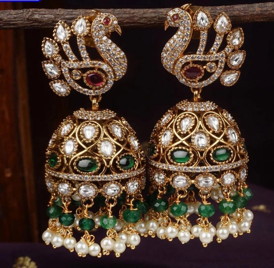  Peacock Chandbali Earrings with Green Stones and Pearls