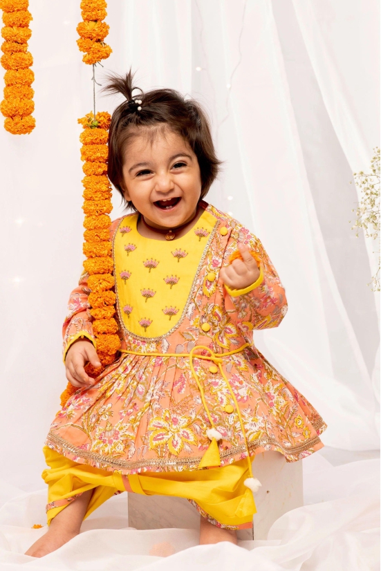 Baby Girl Peach Printed Floral Angrakha Set 3M