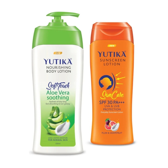 Yuthika Aloe Vera Body Lotion 500ml and Sunscreen Lotion SPF 30 PA+++ with UVA & UVB Protection - 300ml