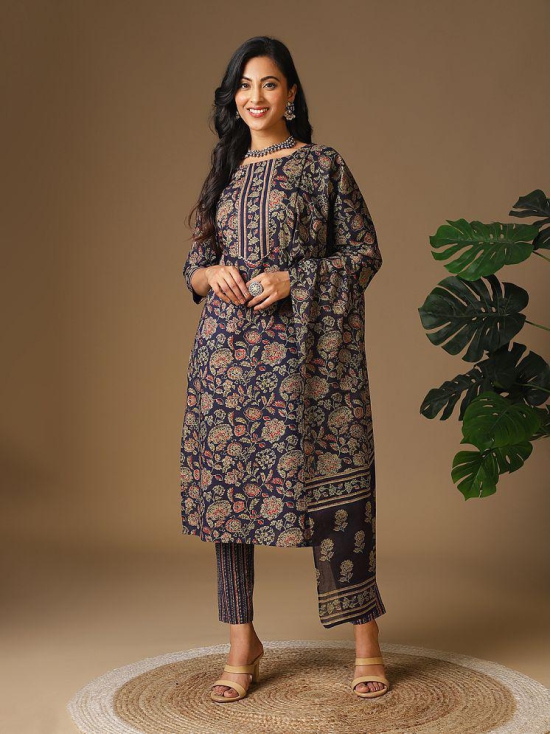 Rangita Women Cotton Navy Blue Floral Printed Calf Length Straight Kurti With Pants With Dupatta - None