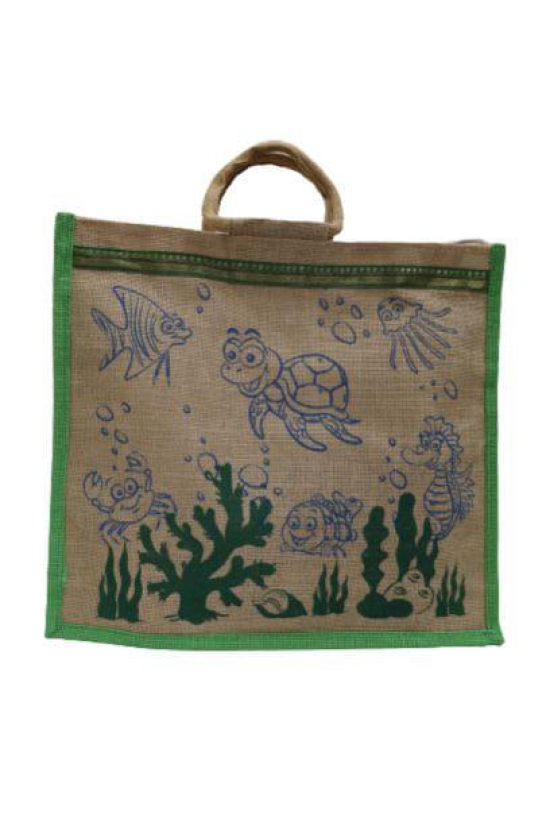 PALAK SAXENA Jute Bag for Shopping - Printed Jute Bag | Eco Friendly Bags for Shopping - Cute & Quirky Collection (Tortoise, Fish - Green)