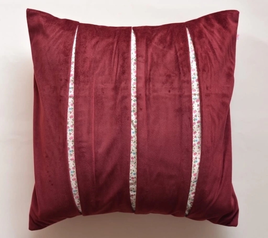 Designer Pleated Pattern Velvet & Cotton Printed Cushion Cover - Maroon, 16x16 Size