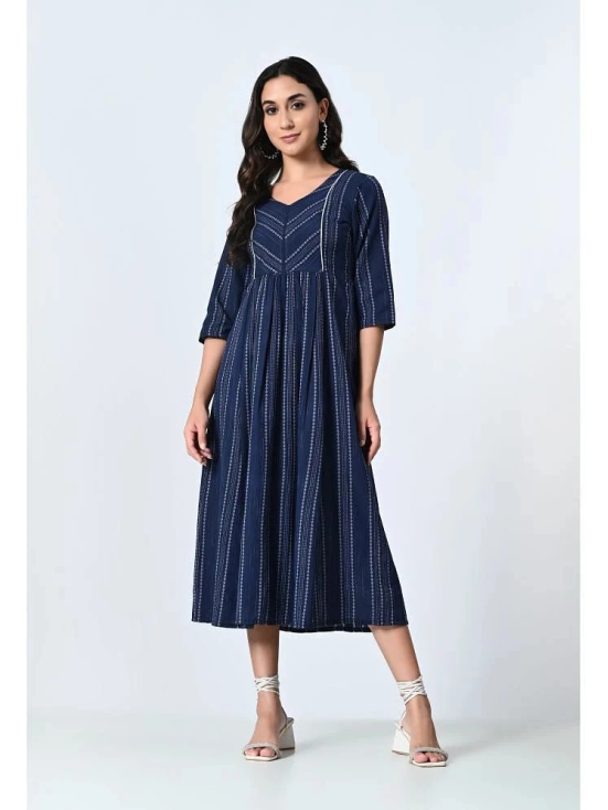 AMBI Cotton Blend Striped Midi Womens Fit & Flare Dress - Blue ( Pack of 1 ) - None