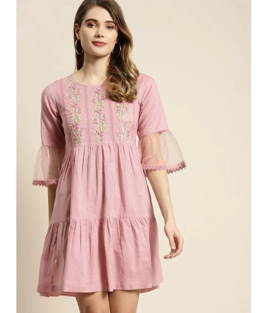 Juniper Cotton Blend Embroidered Mini Womens Fit & Flare Dress - Pink ( Pack of 1 ) - None