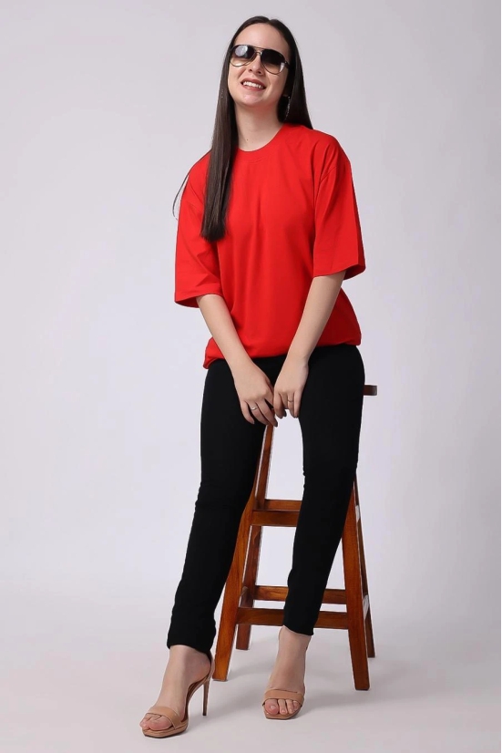 Womens Red Plain Oversized Drop Shoulder T-Shirt-M / Red