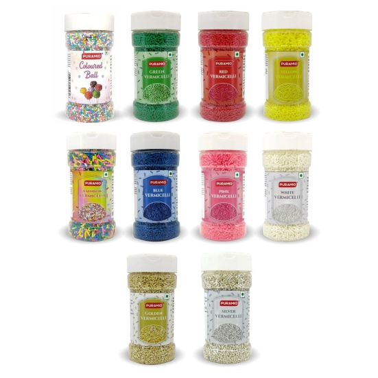 Puramio Combo Vermicelli for Cake Decoration - (Golden & Silver, 50 gm Each Pack of 2) (Coloured Balls, White, Yellow, Rainbow, Pink, Red, Green & Blue,125 gm Each Pack of 8)