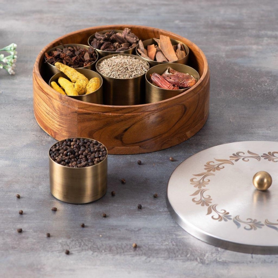 Inscribe Acacia Wood Masala Box - Silver