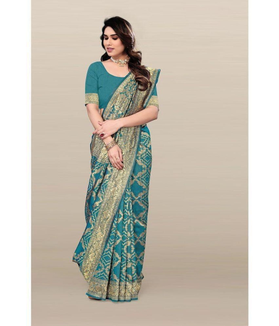 Om Shantam Sarees Banarasi Silk Embellished Saree With Blouse Piece - Turquoise ( Pack of 1 ) - Turquoise