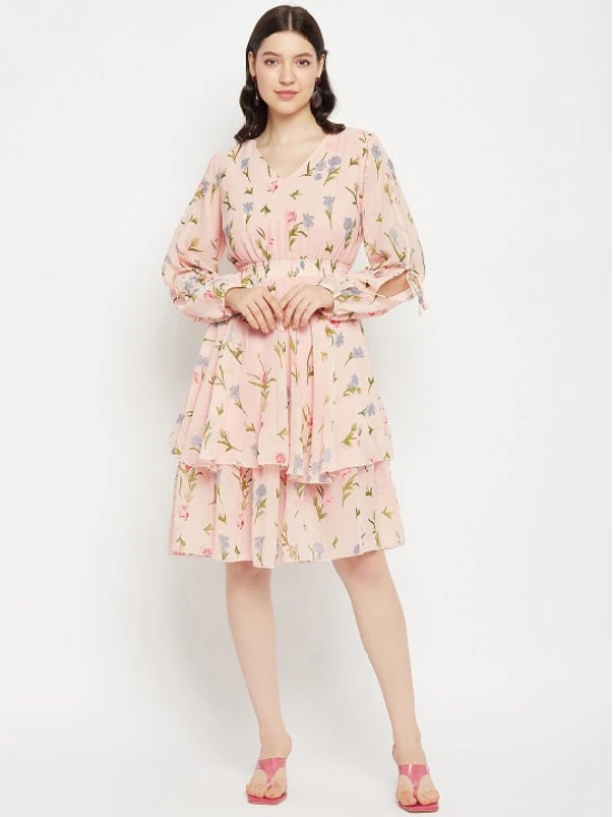 V Neck Floral Print Slit Sleeve Layered Georgette Fit & Flare Dress