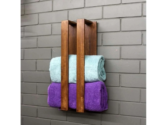 BARISH-Towel Holder | Wall Mount Towel Holder Organiser | Handcrafted with Rubberwood | Superior Finish & Unique Contemporary Design | 13 x 20 x 53CM  - Walnut