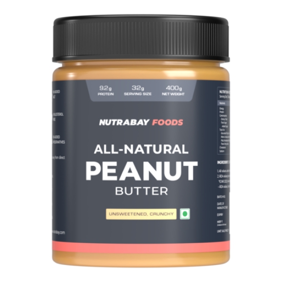 Nutrabay Foods All-Natural Peanut Butter (Crunchy) - Unsweetened, 400g | 100% Roasted Peanuts, 28g Protein, Zero Cholesterol, Vegan, Gluten Free, Non GMO