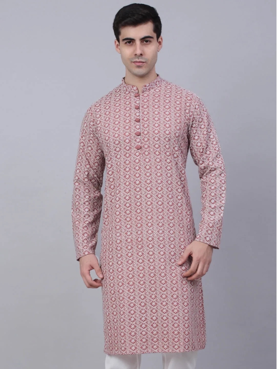 Men's Coral Red & White Embroidered Straight Kurtas-L / Pink