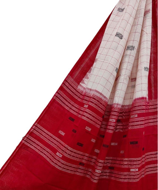 Offwhite Red Sambalpuri Handwoven Hath Kumbha with Fish Buti Cotton Dupatta