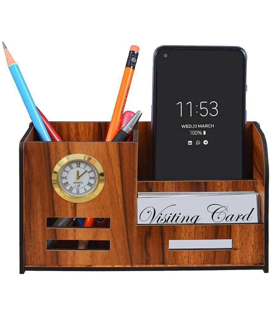 RAVARIYA GRAPHICS Pen Stand With Clock, Business Visiting Card & Mobile Holder | Multipurpose Wooden Desk Organizer Pen And Pencil Holder Stand For Office Desk And Study Table (4 In 1)