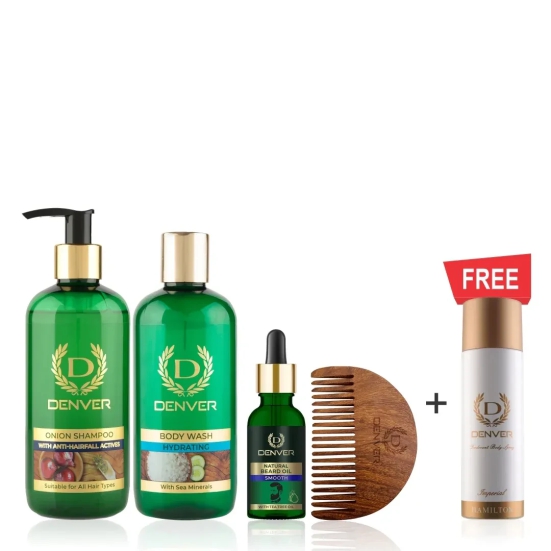 Onion Shampoo 300ml + Hydrating Body Wash 325ml + Smooth Beard Oil 30ml with free wooden comb+ FREE Imperial Nano Deo (Pack of 4)