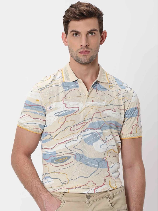 Beige Abstract Print Slim Fit Pique Polo T-Shirt