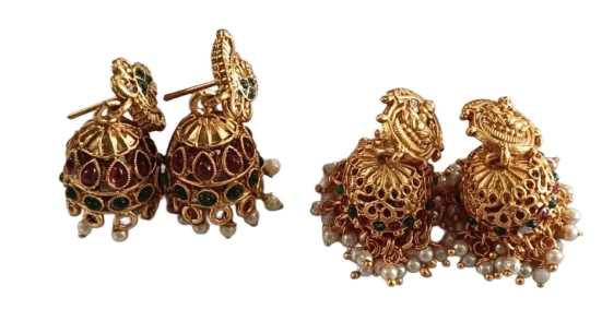 14k Gold Plated Pearl and Green Stone Jhumka Earrings