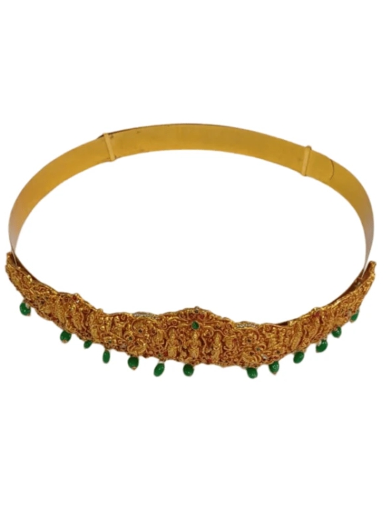 Gold Plated Traditional Indian Vaddanam Waist Belt With Green Beads