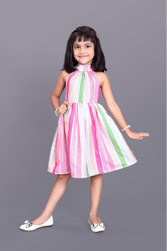 Kids Girls Knee Length Striped Multicolour Design Festive/Wedding Fit & Flare Dress-5 - 6 Year