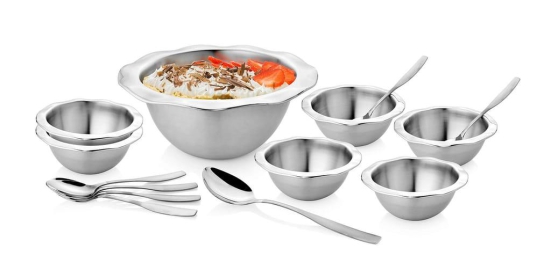 Vinayak International Wave Dessert Set of 14 Pcs | Serving Bowl - 1950 ML | Bowl - 280 ML