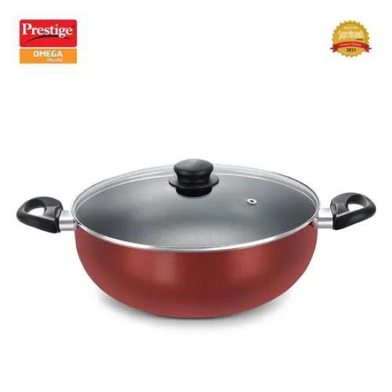 Prestige Omega Deluxe Aluminium Non Stick Round Base Deep Kadai with Glass Lid 24 Cm (Red)