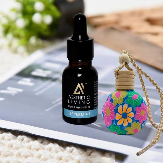 Aesthetic Living Car Aromatizer/ Diffuser Bottle with Essential Oil (Vase Shape-15 ml+ Peppermint Essential Oil, 15 ml)