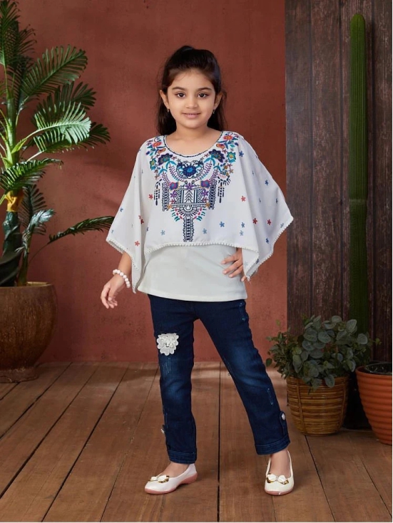 Aarika White & Blue Georgette Girls Top With Jeans ( Pack of 1 ) - None