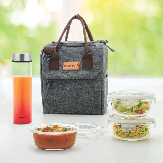 Borosil Glass Pro 3 Containers Lunch Box with Glass Bottle | Lunch Bag | Microwave Safe | Set of 4 Pcs