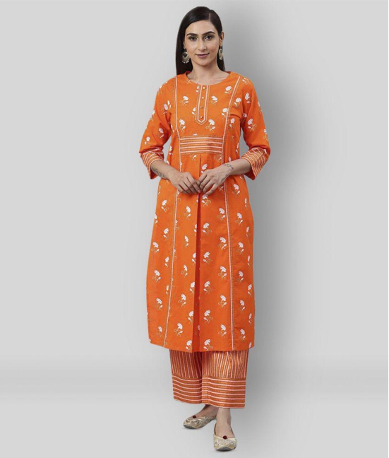 Yash Gallery - Orange Front Slit Cotton Womens Stitched Salwar Suit ( Pack of 1 ) - L