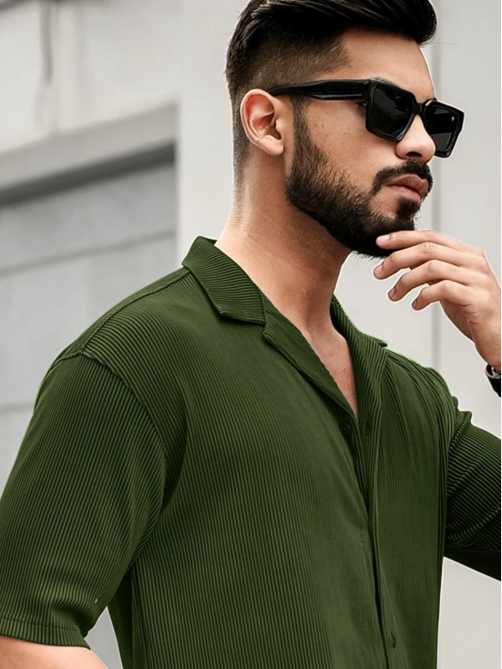 Stripe Textured Olive Half Sleeve Shirt-L / Olive